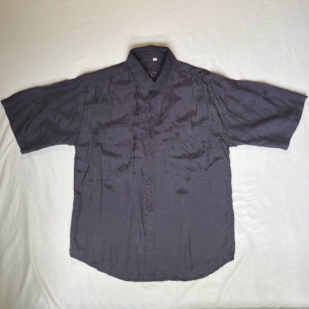 Vintage Valentino Uomo 100% Silk Shirt Mens Large Purple Button Up Short Sleeve